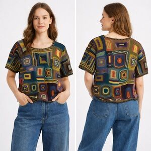 Vintage Peruvian Connection Granny Square Crochet Top 100% Pima Cotton